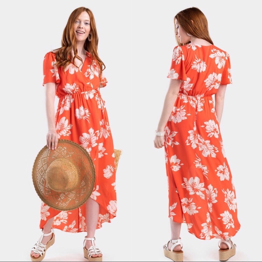 DAWN FLORAL MAXI WRAP DRESS NWT CORAL ORANGE WHITE FLOWERS LINED XXS   #A9